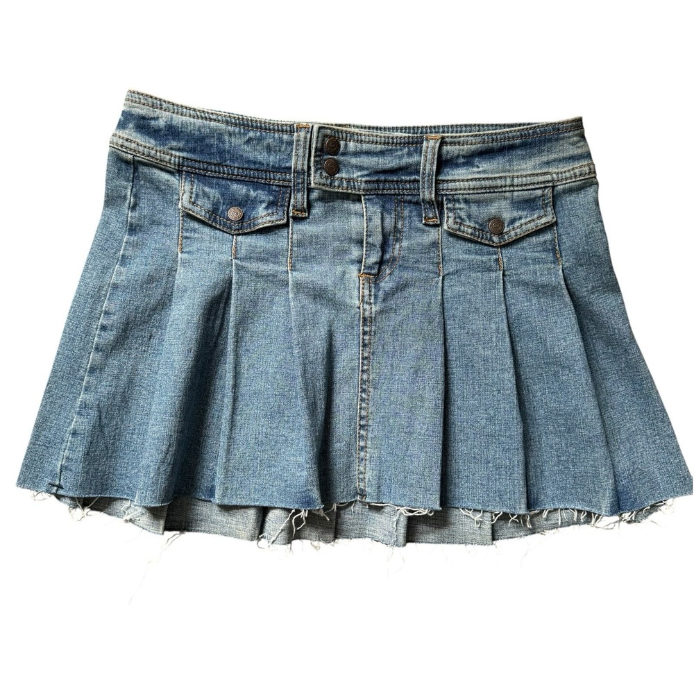 VTG Y2K 2000's Denim Micro Mini Skirt Flounce Pleated Size Medium 7/8 Festival